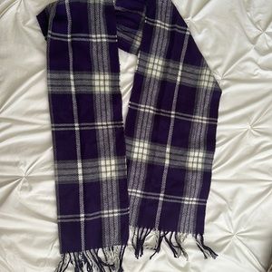 Purple, grey, and white fringe scarf